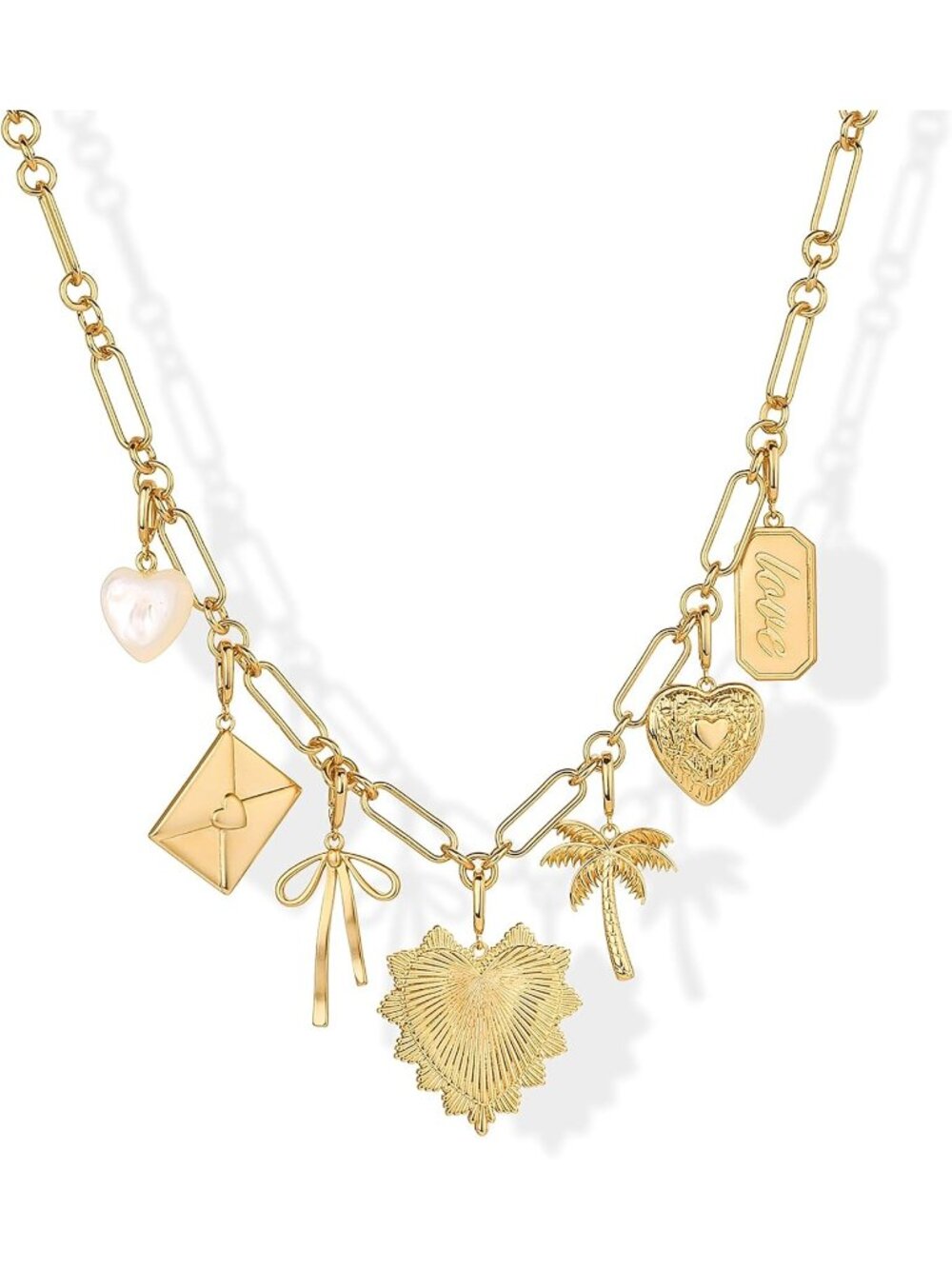 Women’s Yellow Gold 14k Gold Plated Charm Chunky Paperclip Heart Bow Necklace - Picture 1 of 6